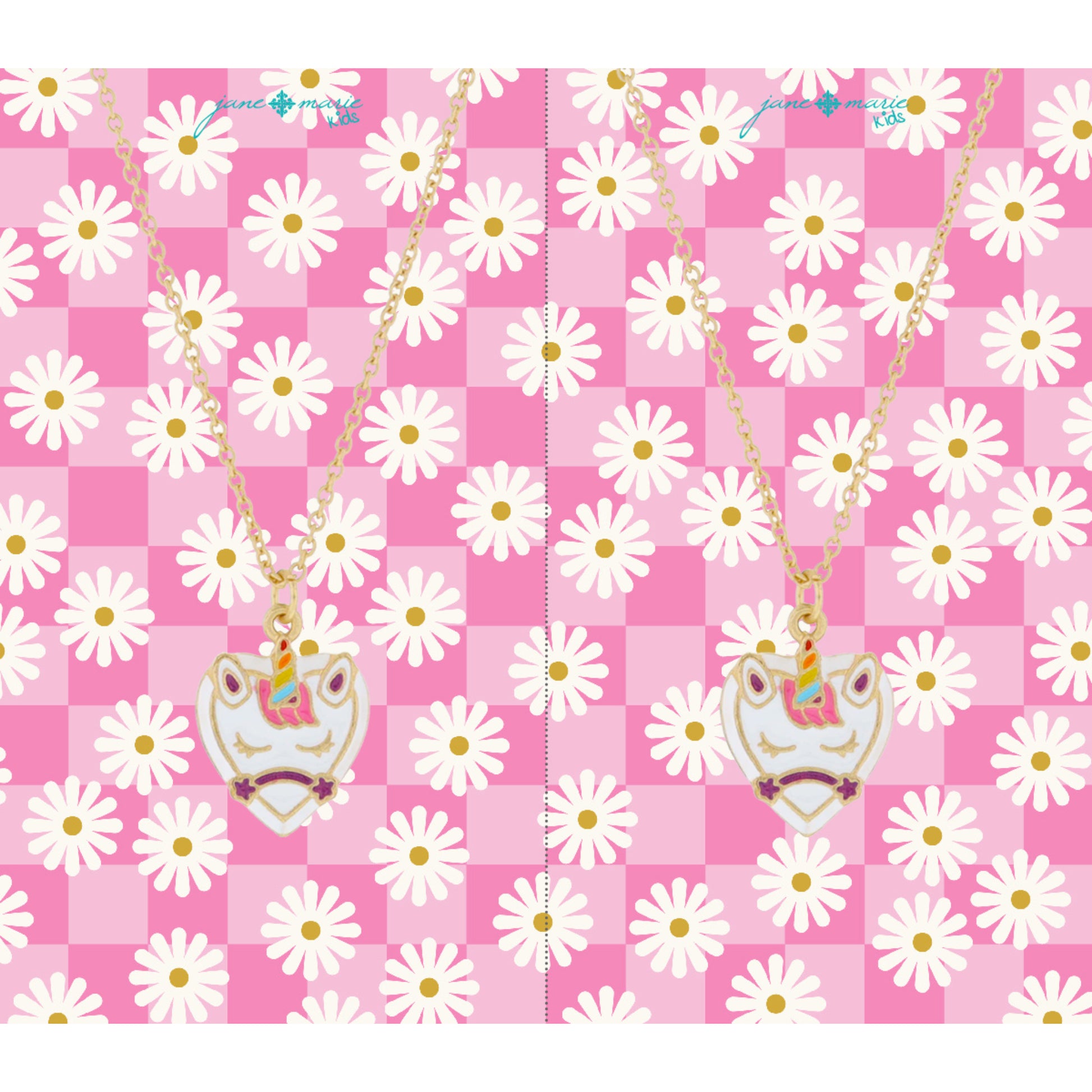 Kids Set of 2, Matching White and Multi Enamel Unicorn Hearts Necklace, .65" Pendants