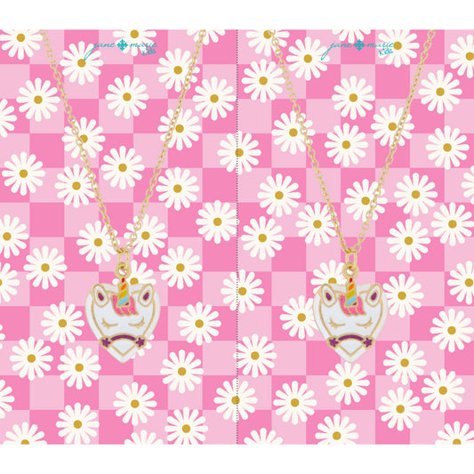Kids Set of 2, Matching White and Multi Enamel Unicorn Hearts Necklace, .65" Pendants
