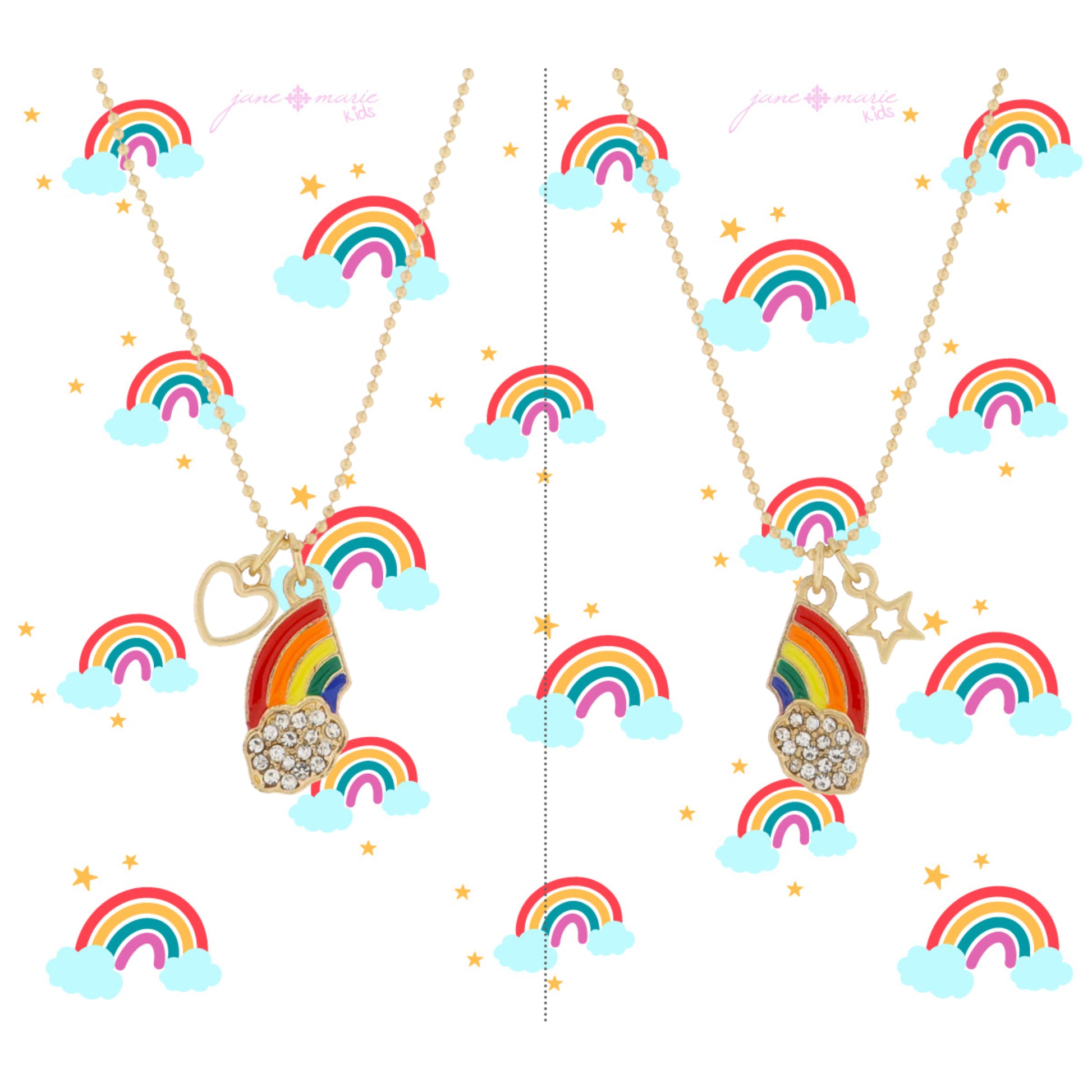 Kids Set of 2, Enamel Rainbow Halves, Crystal Pave Cloud, Star & Heart Necklace, .5", .25" Pendants