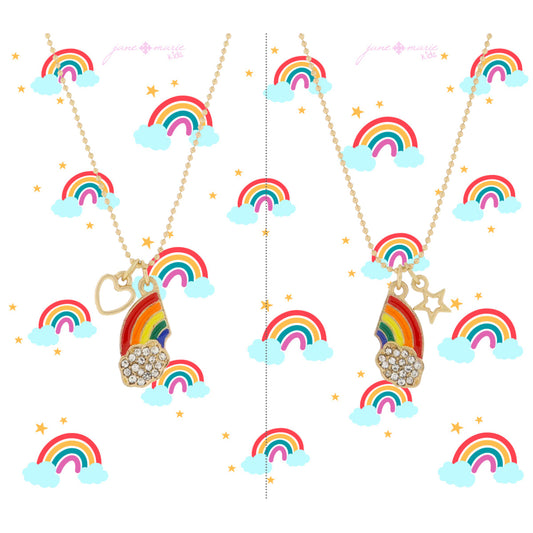 Kids Set of 2, Enamel Rainbow Halves, Crystal Pave Cloud, Star & Heart Necklace, .5", .25" Pendants