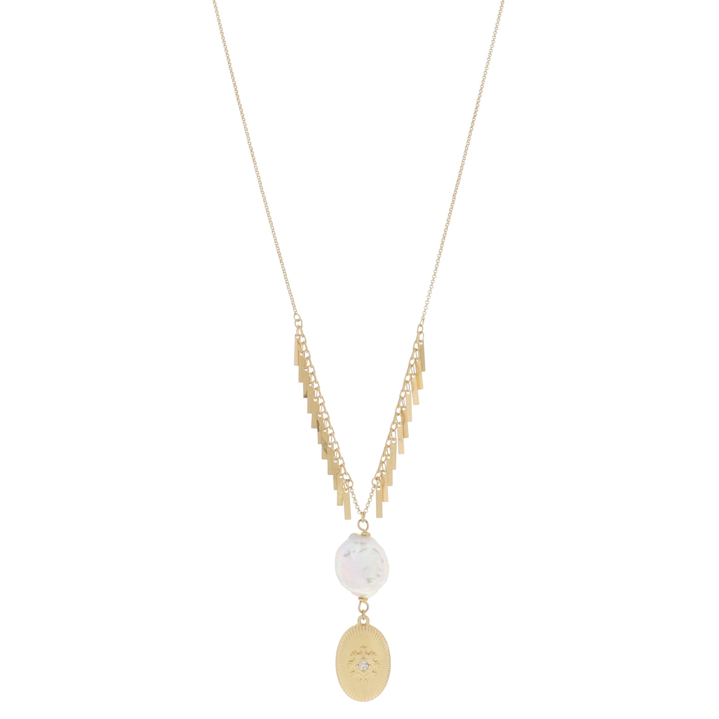 Gold Bar Fringe with Chunky Pearl & Gold Oval Pendant, Crystal Center Drop Necklace, 2" Pendants