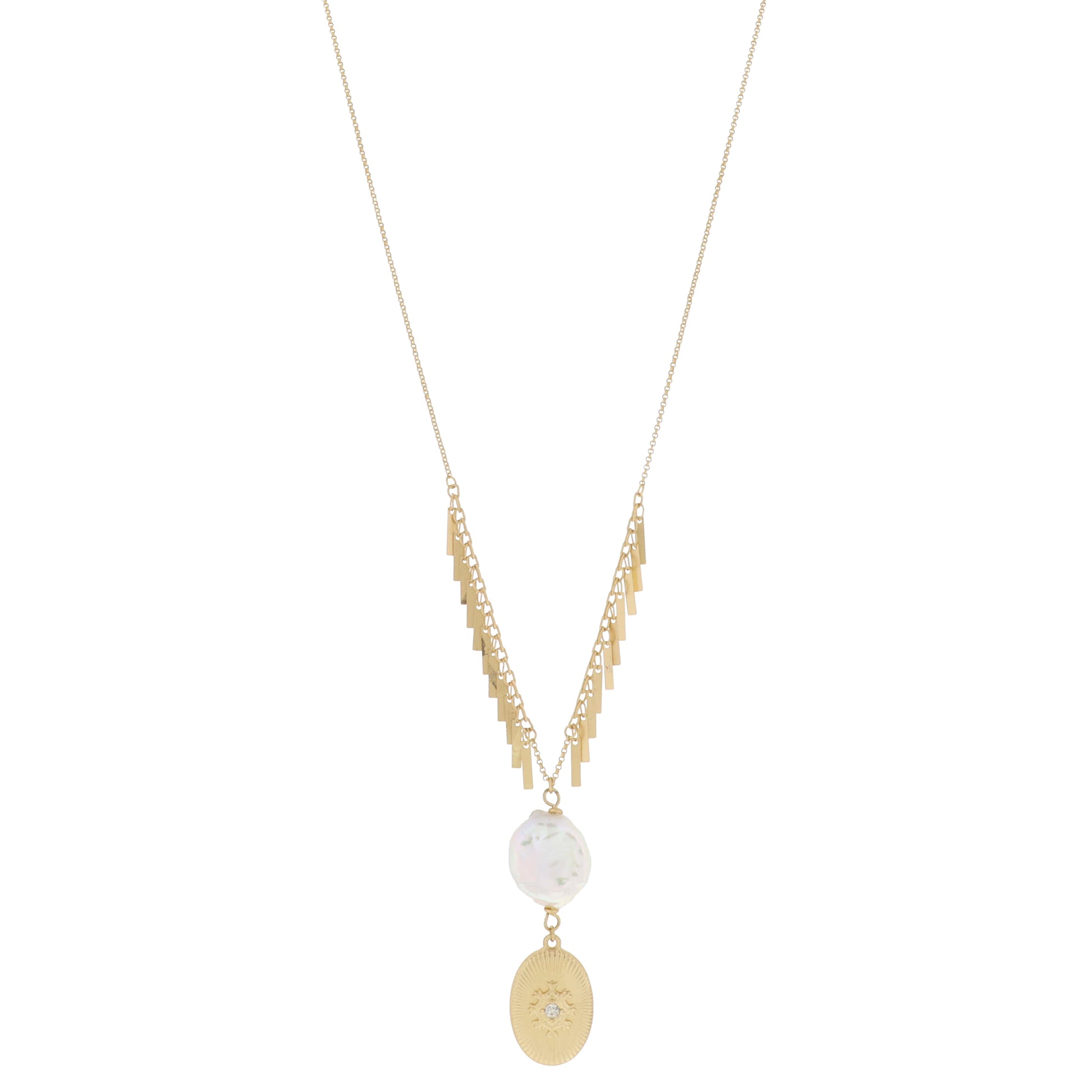 Gold Bar Fringe with Chunky Pearl & Gold Oval Pendant, Crystal Center Drop Necklace, 2" Pendants