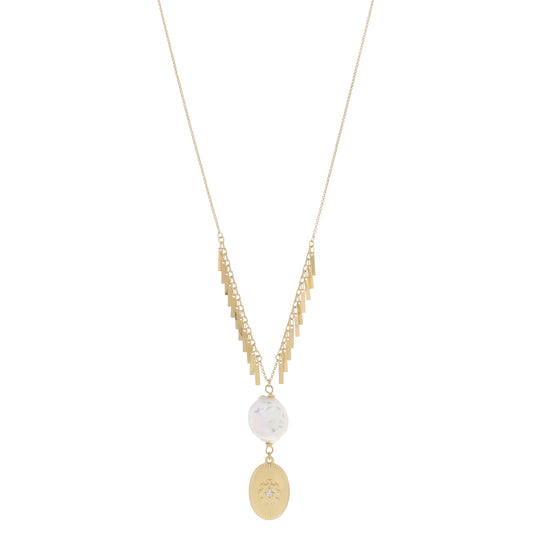 Gold Bar Fringe with Chunky Pearl & Gold Oval Pendant, Crystal Center Drop Necklace, 2" Pendants