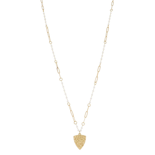 Mini Pearl and Paperclip Chain with Gold Leaf Detail Cross Shield Necklace, .75" Pendants
