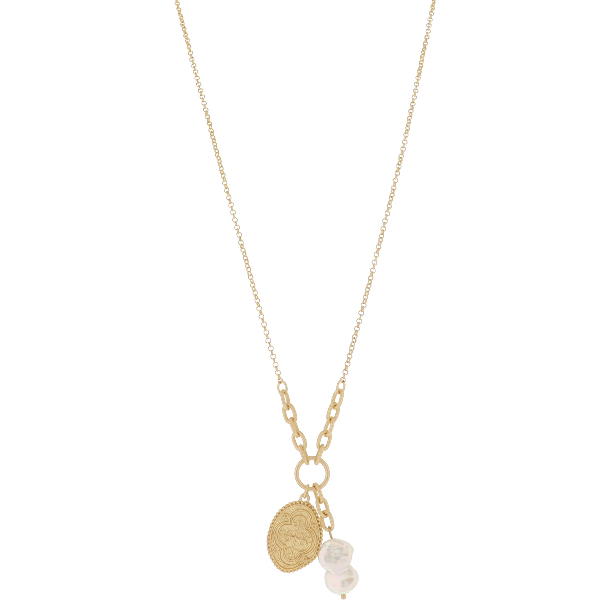 Twist Cable Chain Portion, Jumpring, Gold Cross Coin & Chunky Pearl Necklace, 1", 1.5" Pendants
