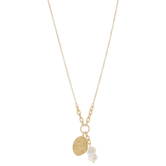 Twist Cable Chain Portion, Jumpring, Gold Cross Coin & Chunky Pearl Necklace, 1", 1.5" Pendants