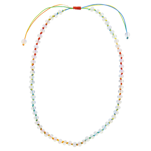 Kids Classic Multi Rainbow Knotted Thread and Opalite Beaded Necklace, .25" Pendant