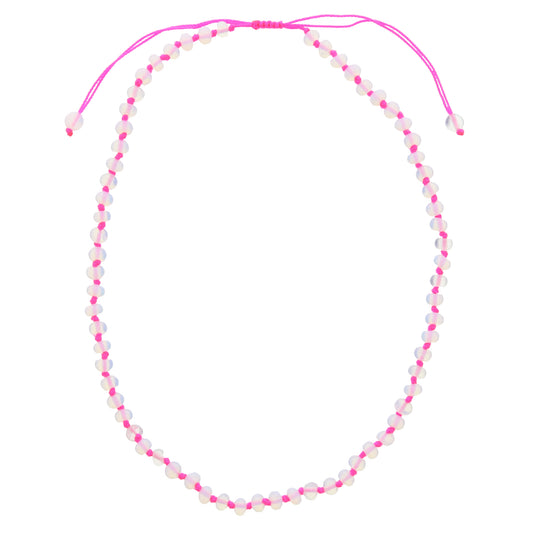 Kids Hot Pink Knotted Thread and Opalite Beaded Necklace, .25" Pendant