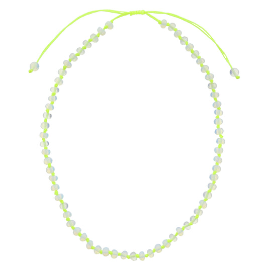 Kids Neon Yellow Knotted Thread and Opalite Beaded Necklace, .25" Pendant