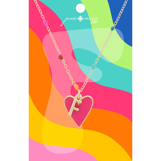 Kids Satellite Chain with Gold "F" Initial & Pink Heart Charm Cluster Necklace, .35", .65" Pendants