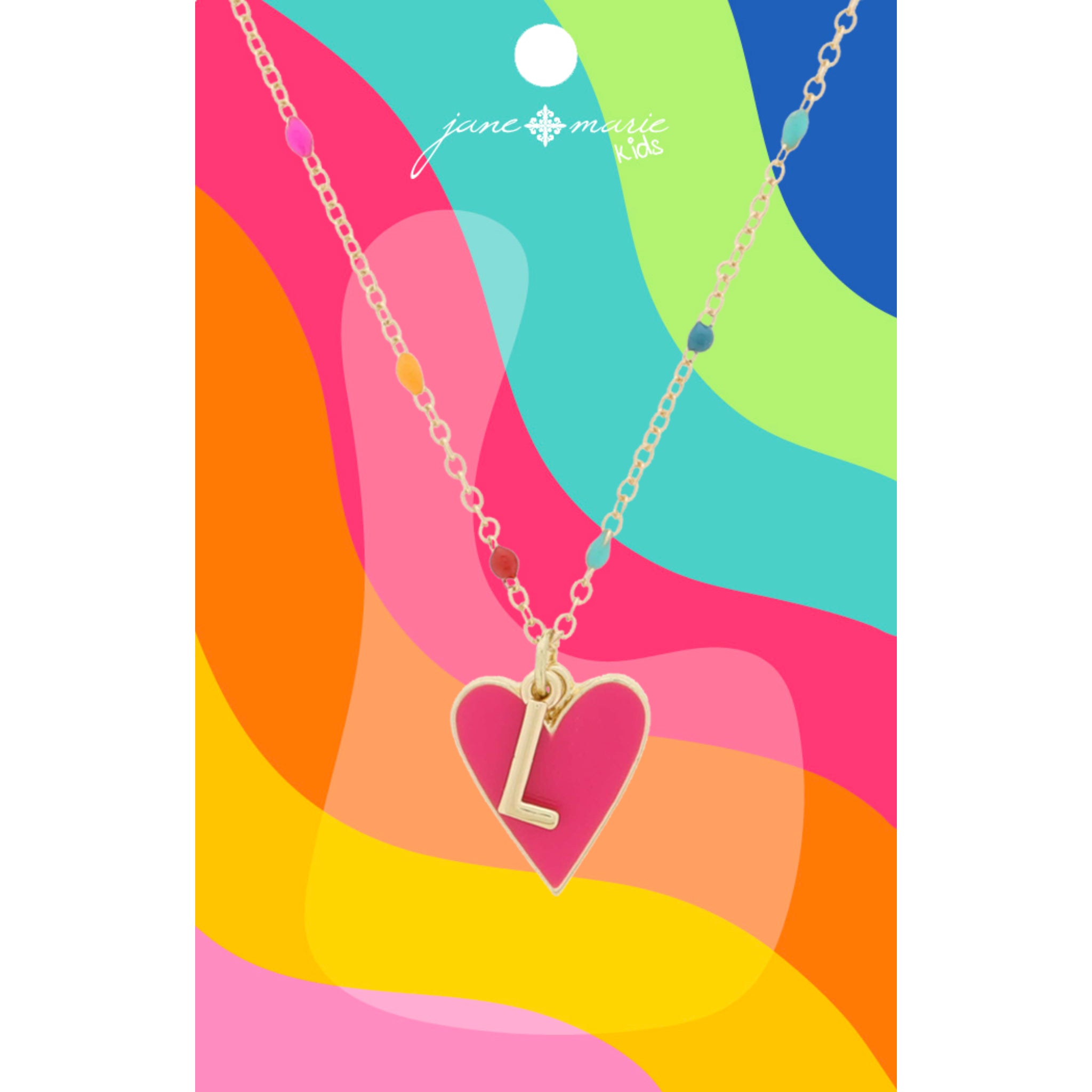 Kids Satellite Chain with Gold "L" Initial & Pink Heart Charm Cluster Necklace, .35", .65" Pendants