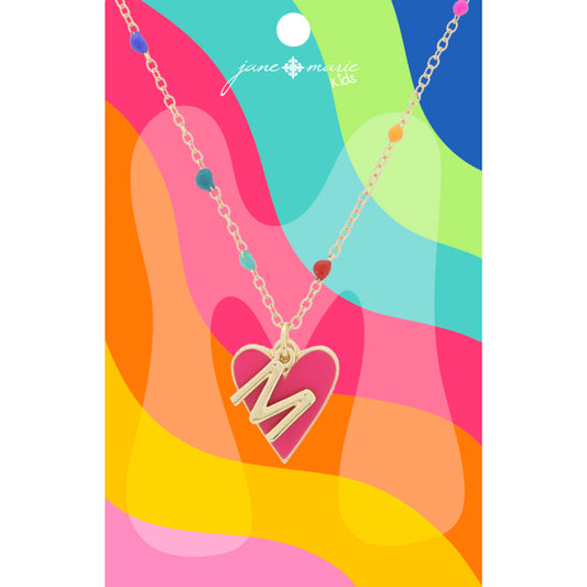 Kids Satellite Chain with Gold "M" Initial & Pink Heart Charm Cluster Necklace, .35", .65" Pendants