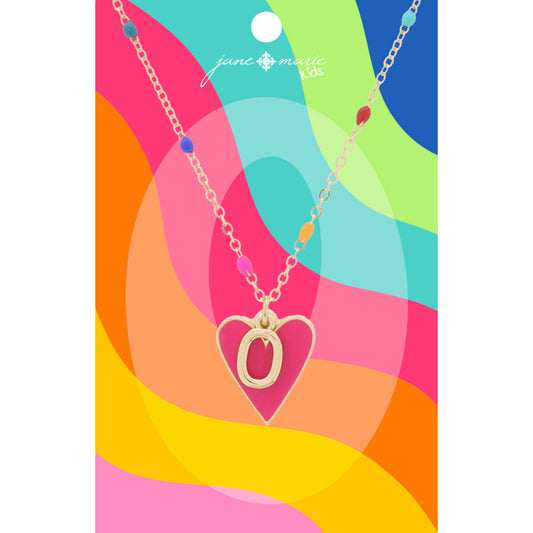 Kids Satellite Chain with Gold "O" Initial & Pink Heart Charm Cluster Necklace, .35", .65" Pendants