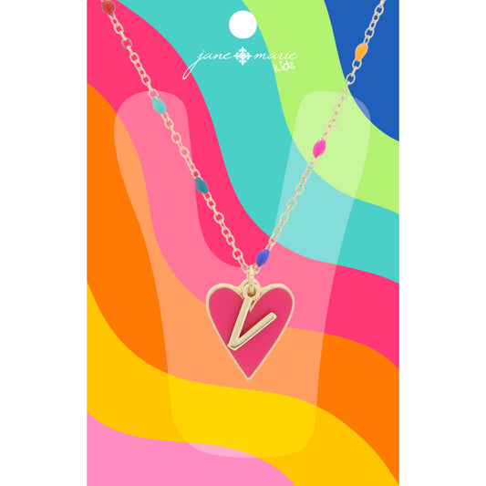 Kids Satellite Chain with Gold "V" Initial & Pink Heart Charm Cluster Necklace, .35", .65" Pendants