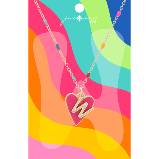 Kids Satellite Chain with Gold "W" Initial & Pink Heart Charm Cluster Necklace, .35", .65" Pendants