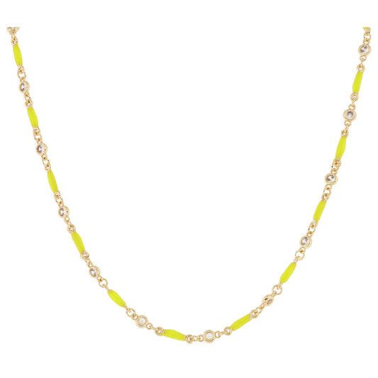 Mini Bright Yellow Enamel Bars with Clear Crystal Links Necklace, 0.15" Pendant