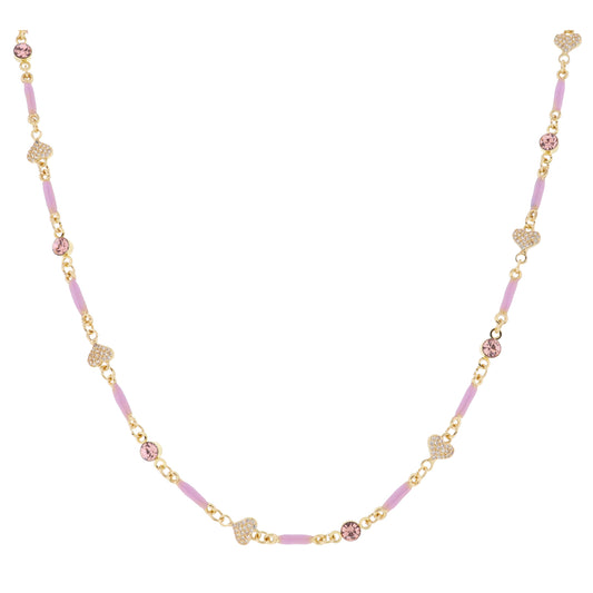 Kids Mini Lavender Enamel Bars with Pink Crystal & Pave Moon Links Necklace, .15", .25" Pendants