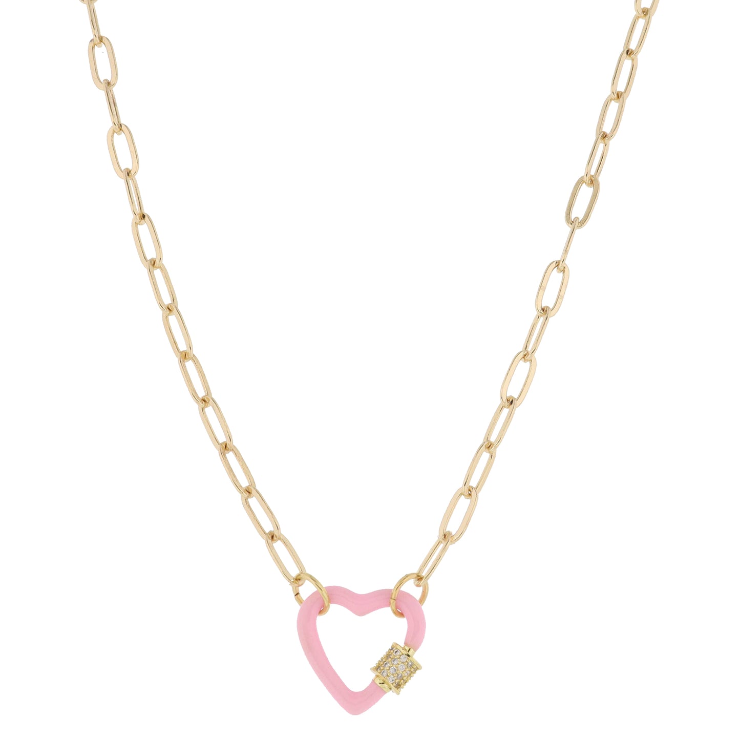 Light Pink Enamel Dipped Heart Carabiner with Crystal Pave Latch Necklace, .75" Pendant