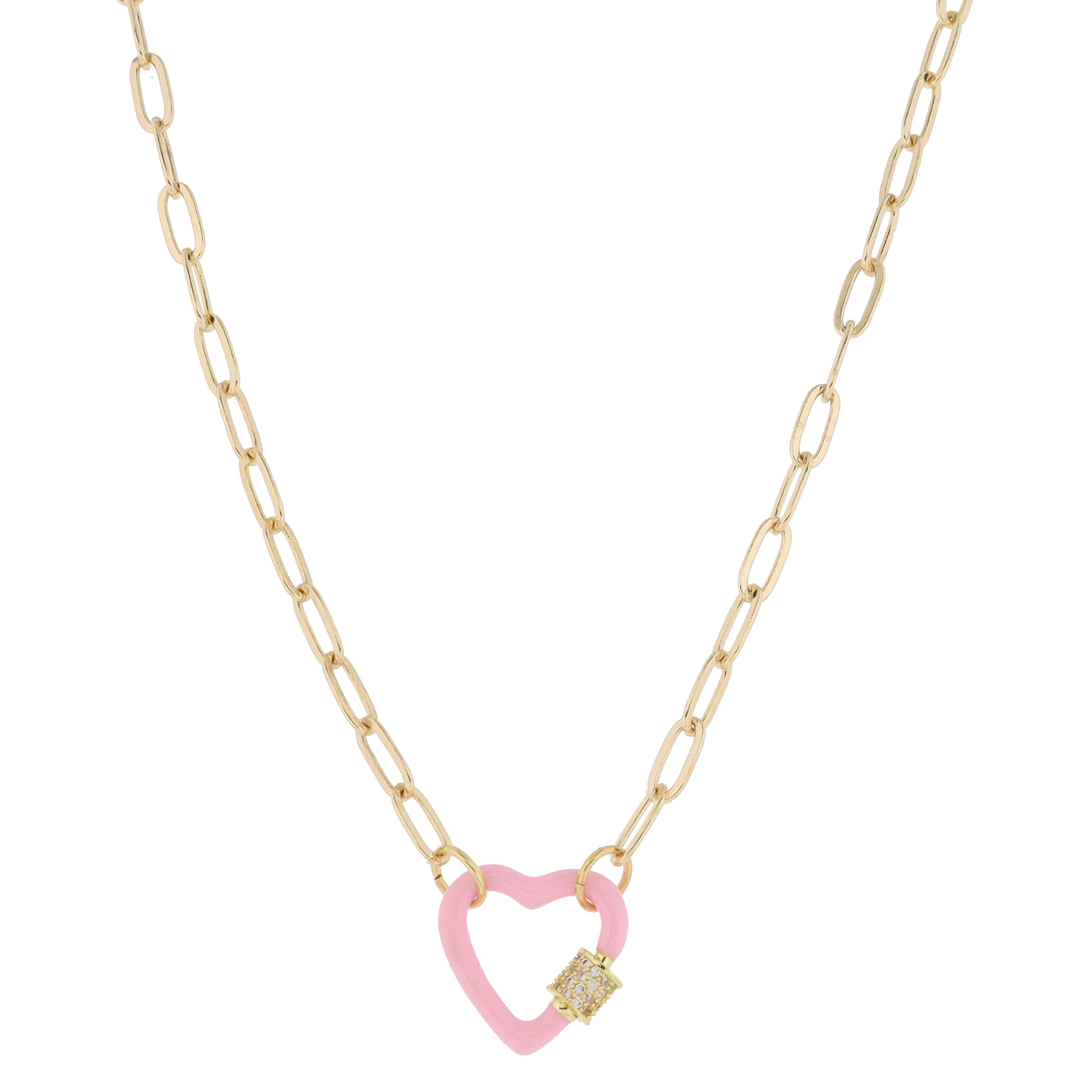 Light Pink Enamel Dipped Heart Carabiner with Crystal Pave Latch Necklace, .75" Pendant