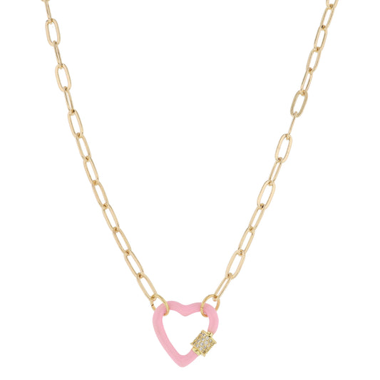 Light Pink Enamel Dipped Heart Carabiner with Crystal Pave Latch Necklace, .75" Pendant