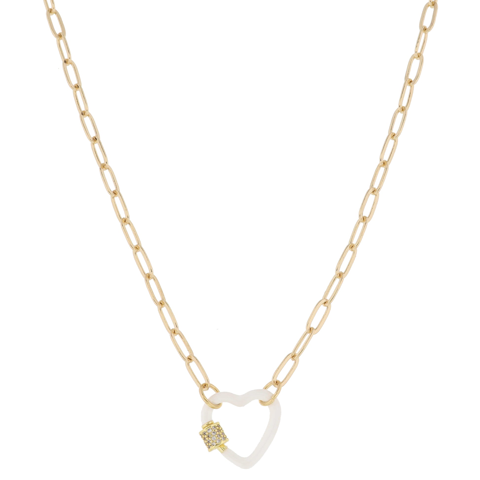 White Enamel Dipped Heart Carabiner with Crystal Pave Latch Necklace, .75" Pendant