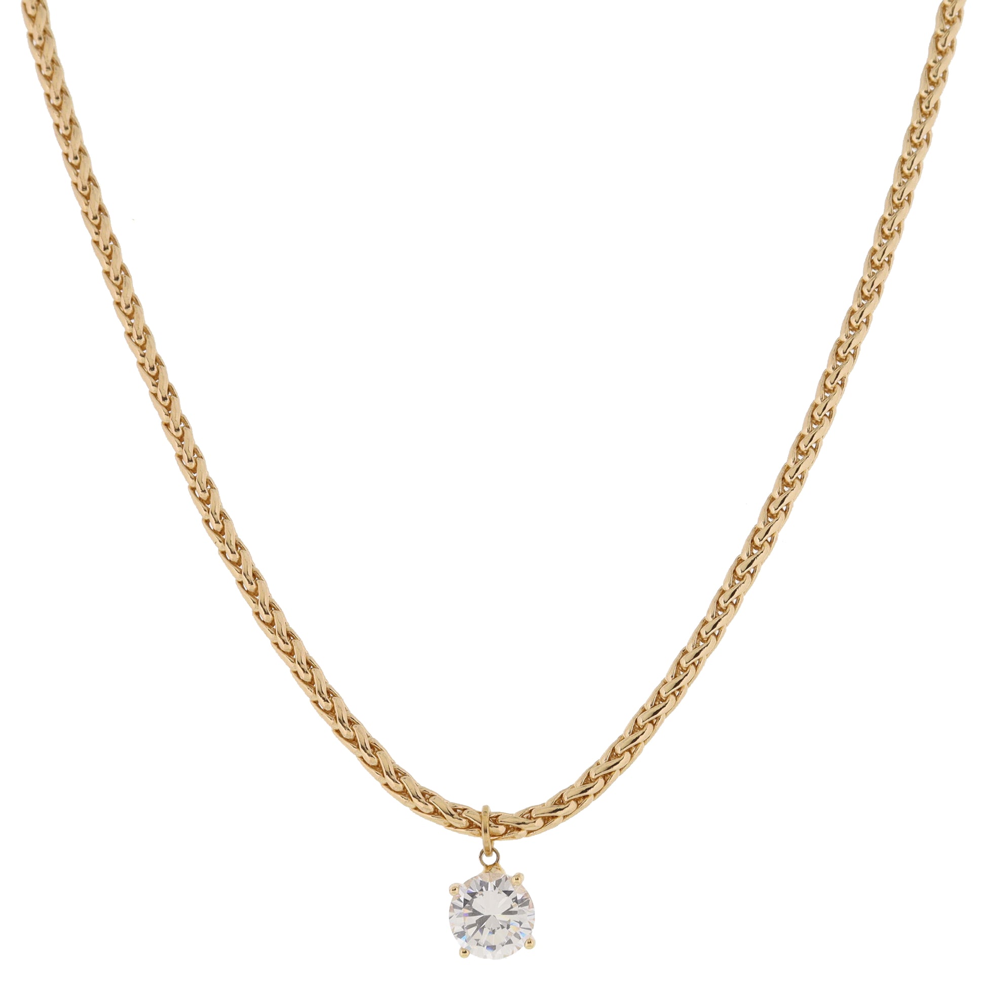 Shiny Gold Wheat Chain with Clear Crystal Drop Necklace, .35" Pendant