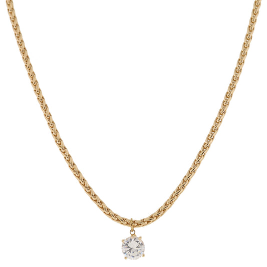 Shiny Gold Wheat Chain with Clear Crystal Drop Necklace, .35" Pendant