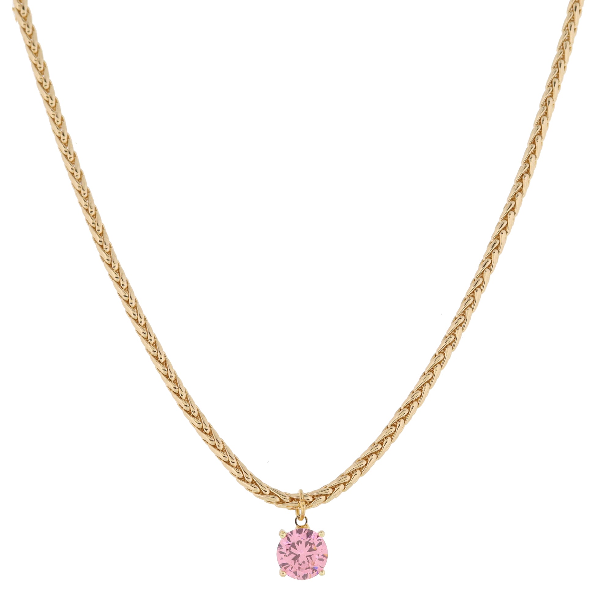 Shiny Gold Wheat Chain with Pink Crystal Drop Necklace, .35" Pendant