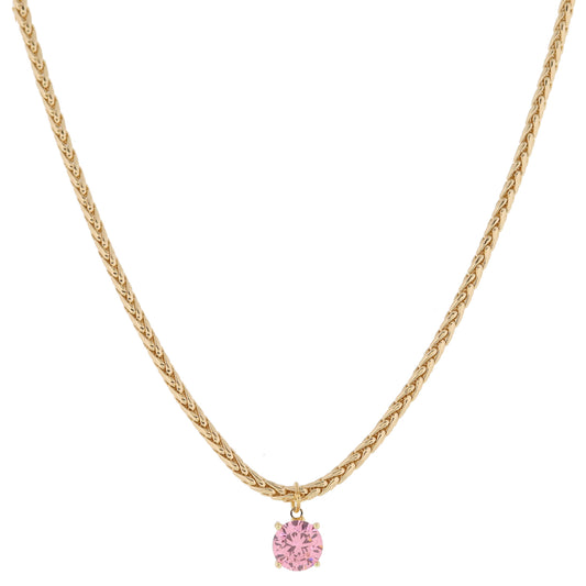 Shiny Gold Wheat Chain with Pink Crystal Drop Necklace, .35" Pendant