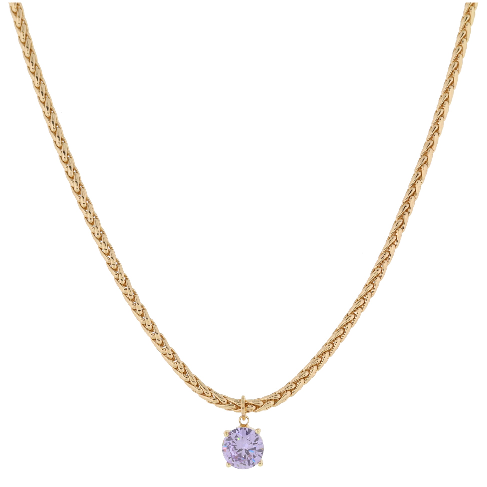 Shiny Gold Wheat Chain with Lavender Crystal Drop Necklace, .35" Pendant
