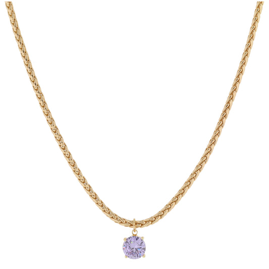 Shiny Gold Wheat Chain with Lavender Crystal Drop Necklace, .35" Pendant