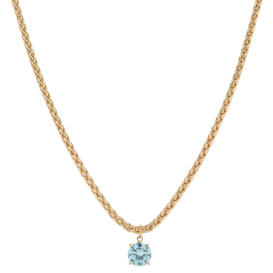 Shiny Gold Wheat Chain with Light Blue Crystal Drop Necklace, .35" Pendant