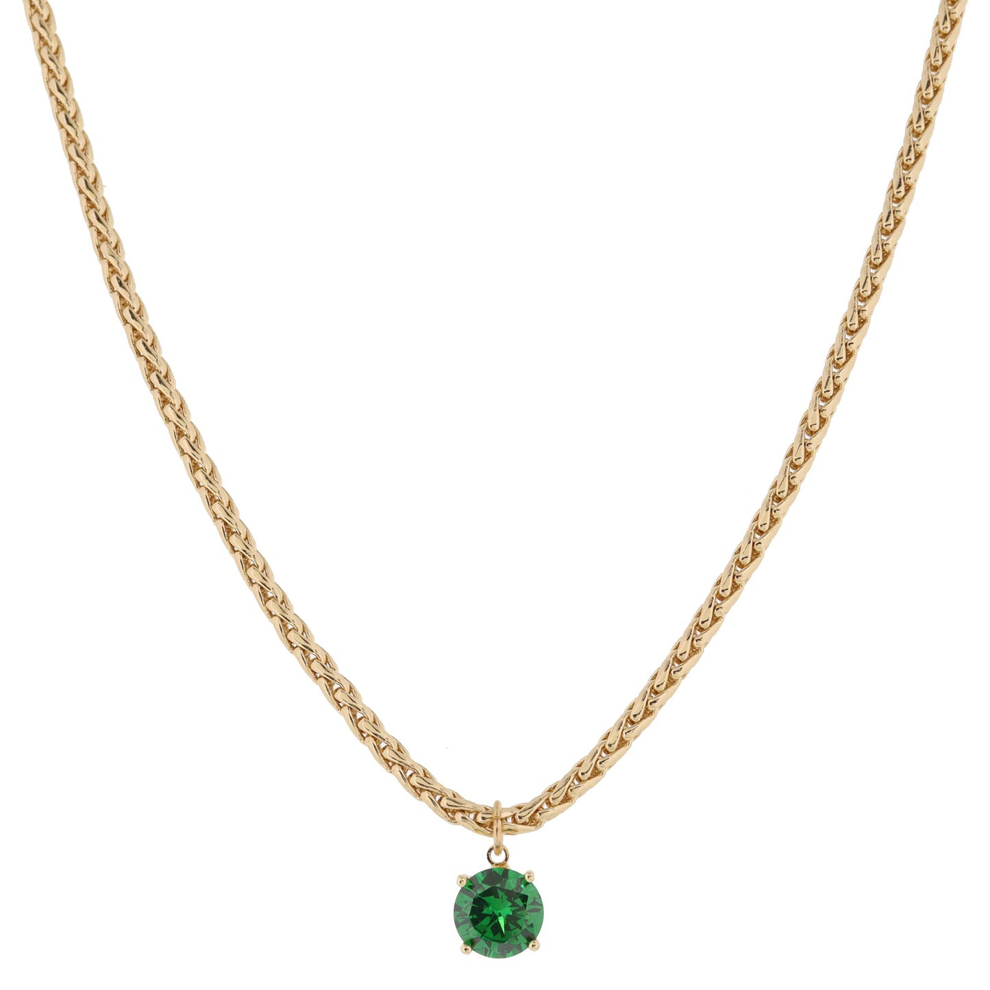 Shiny Gold Wheat Chain with Green Crystal Drop Necklace, .35" Pendant