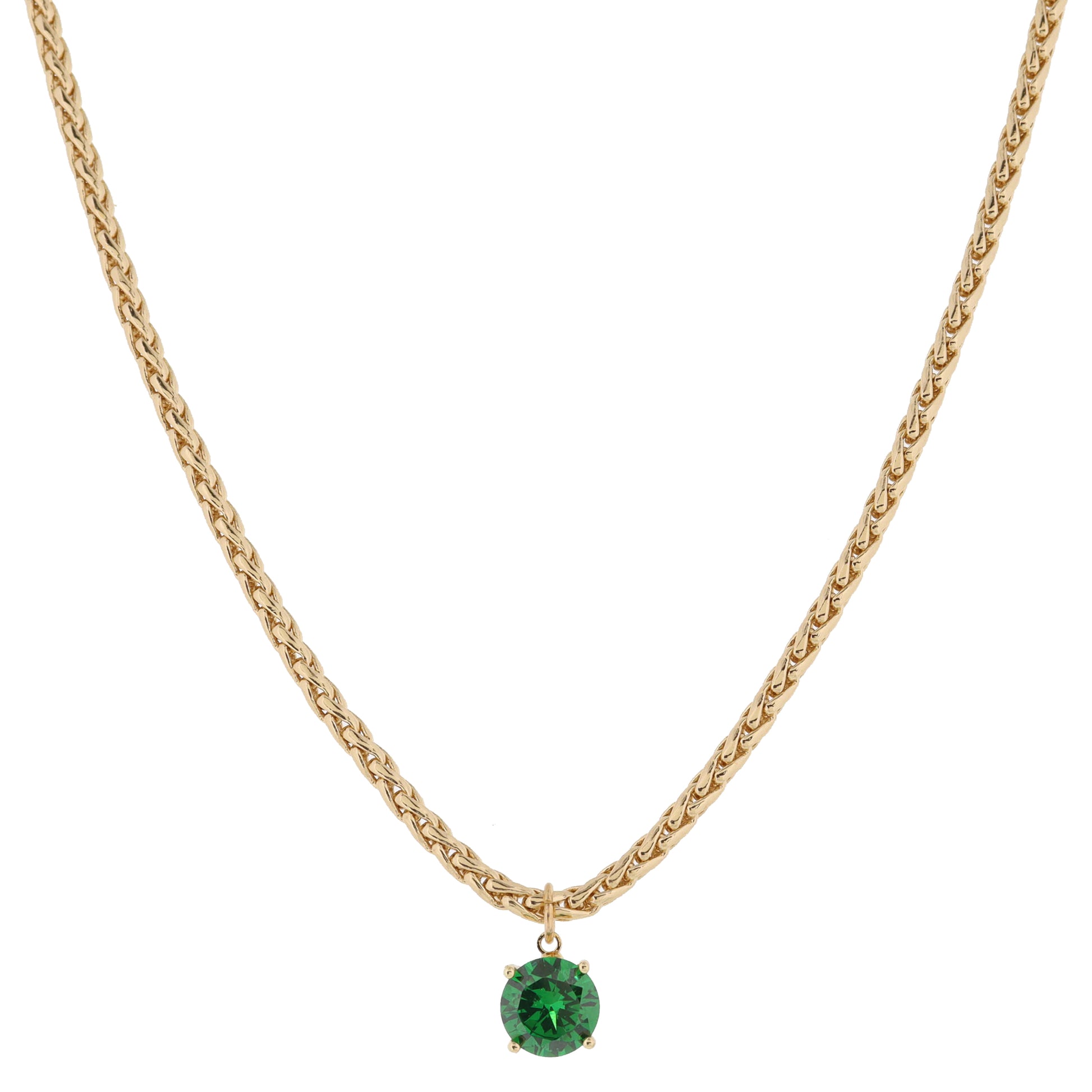 Shiny Gold Wheat Chain with Green Crystal Drop Necklace, .35" Pendant