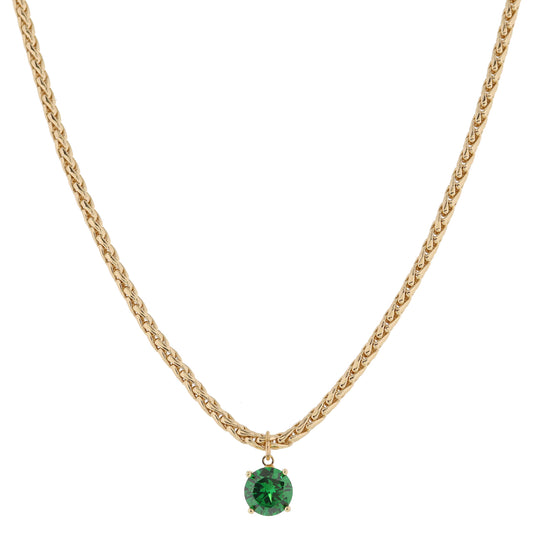 Shiny Gold Wheat Chain with Green Crystal Drop Necklace, .35" Pendant