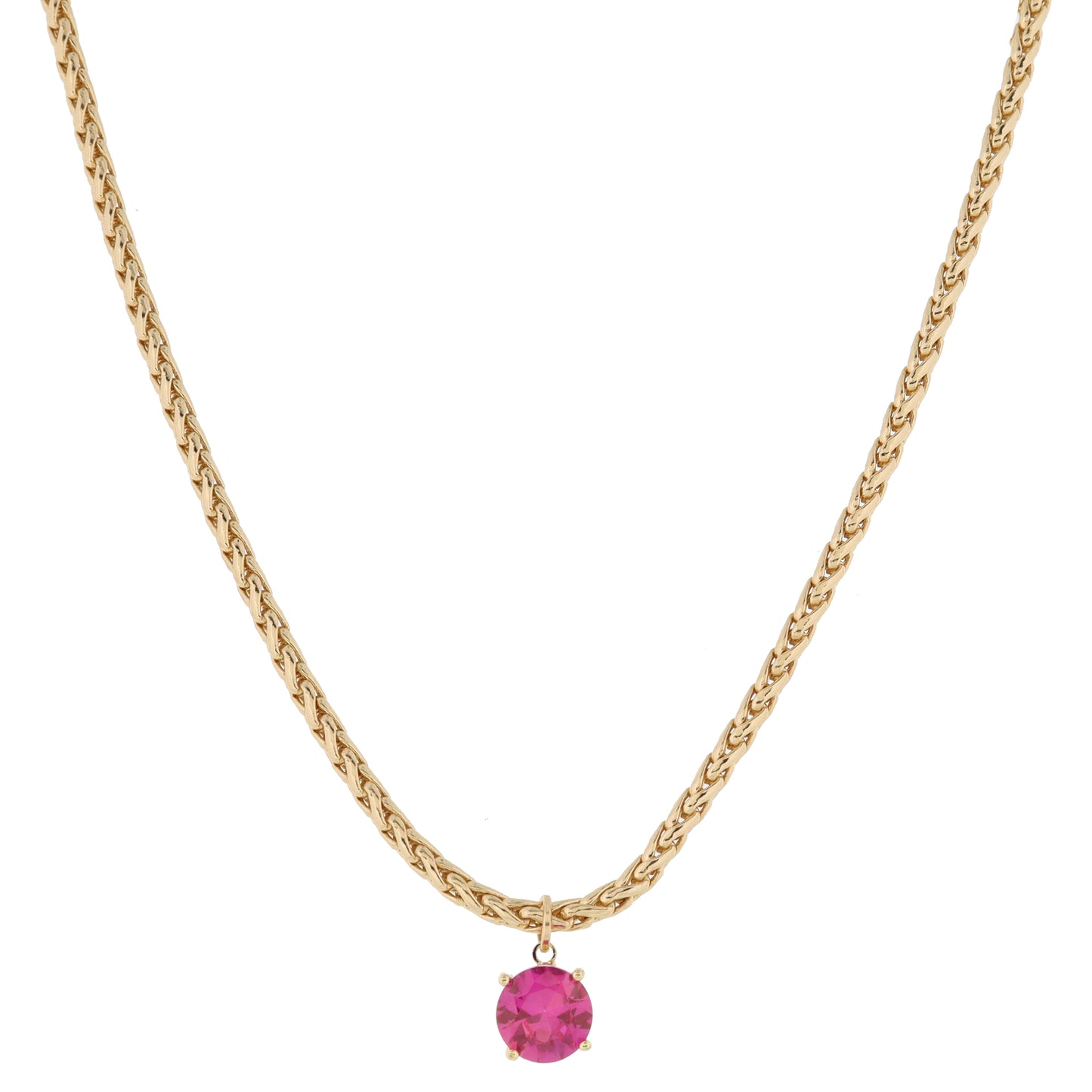 Shiny Gold Wheat Chain with Hot Pink Crystal Drop Necklace, .35" Pendant