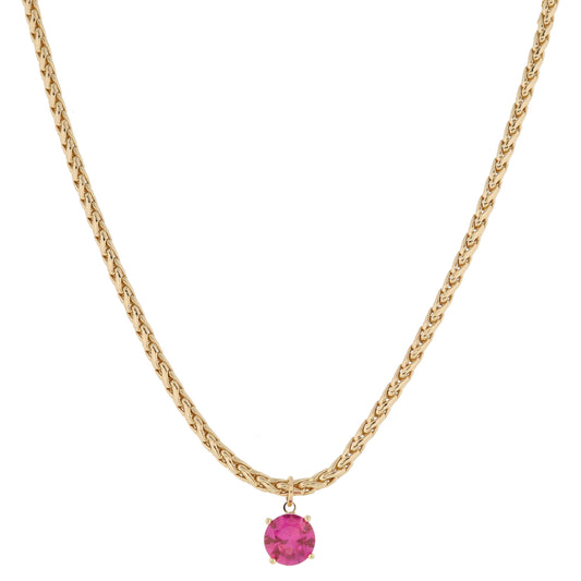 Shiny Gold Wheat Chain with Hot Pink Crystal Drop Necklace, .35" Pendant