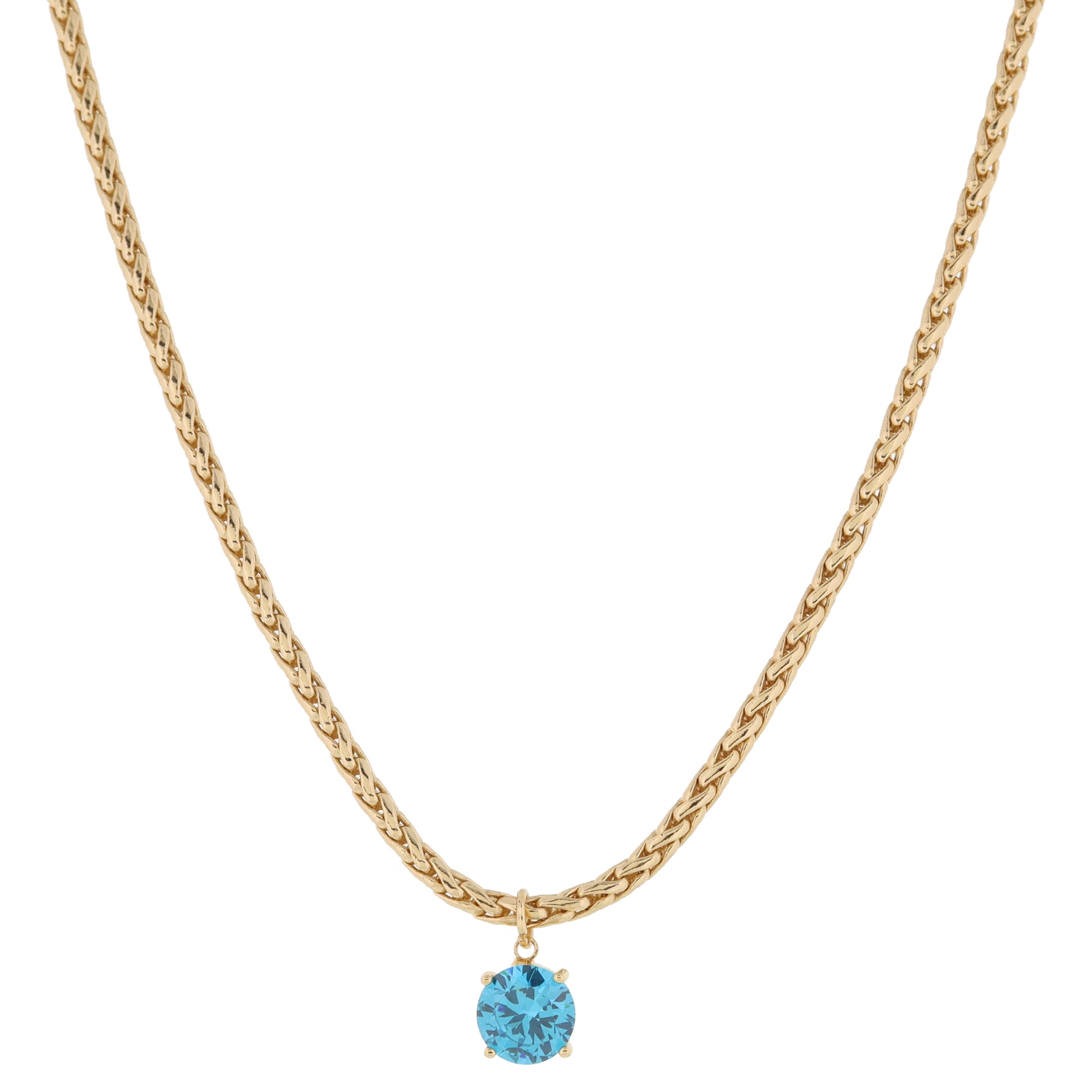 Shiny Gold Wheat Chain with Aqua Crystal Drop Necklace, .35" Pendant