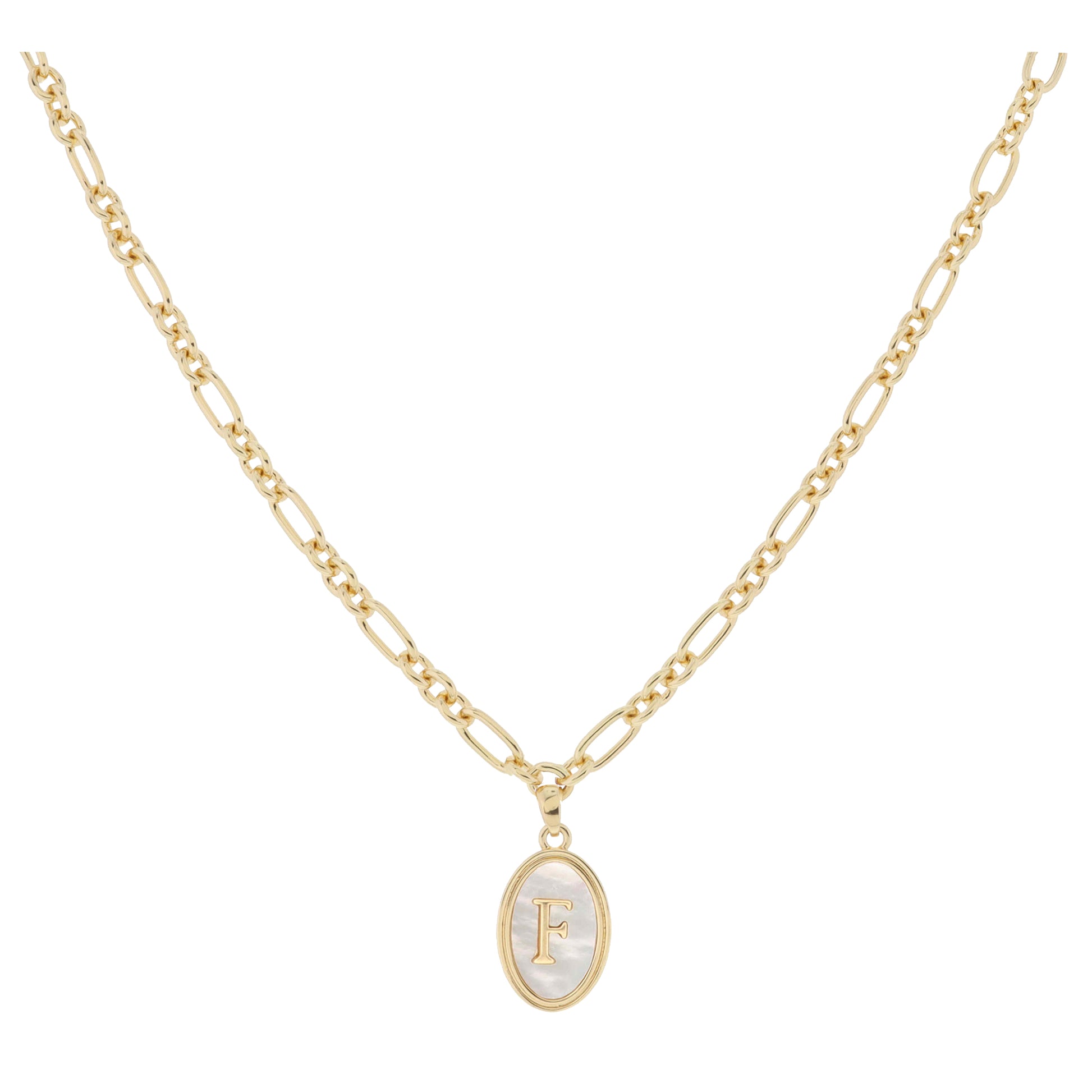 Gold Oval with White Shell Inlay and Gold "F" Initial Center Necklace, .75" Pendant