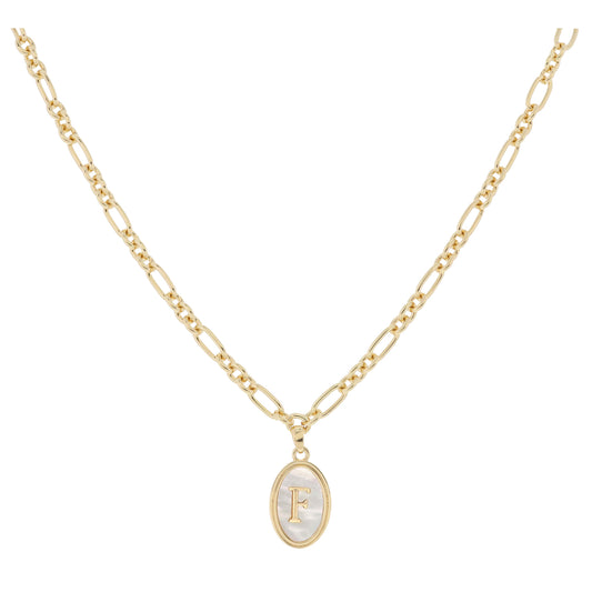 Gold Oval with White Shell Inlay and Gold "F" Initial Center Necklace, .75" Pendant