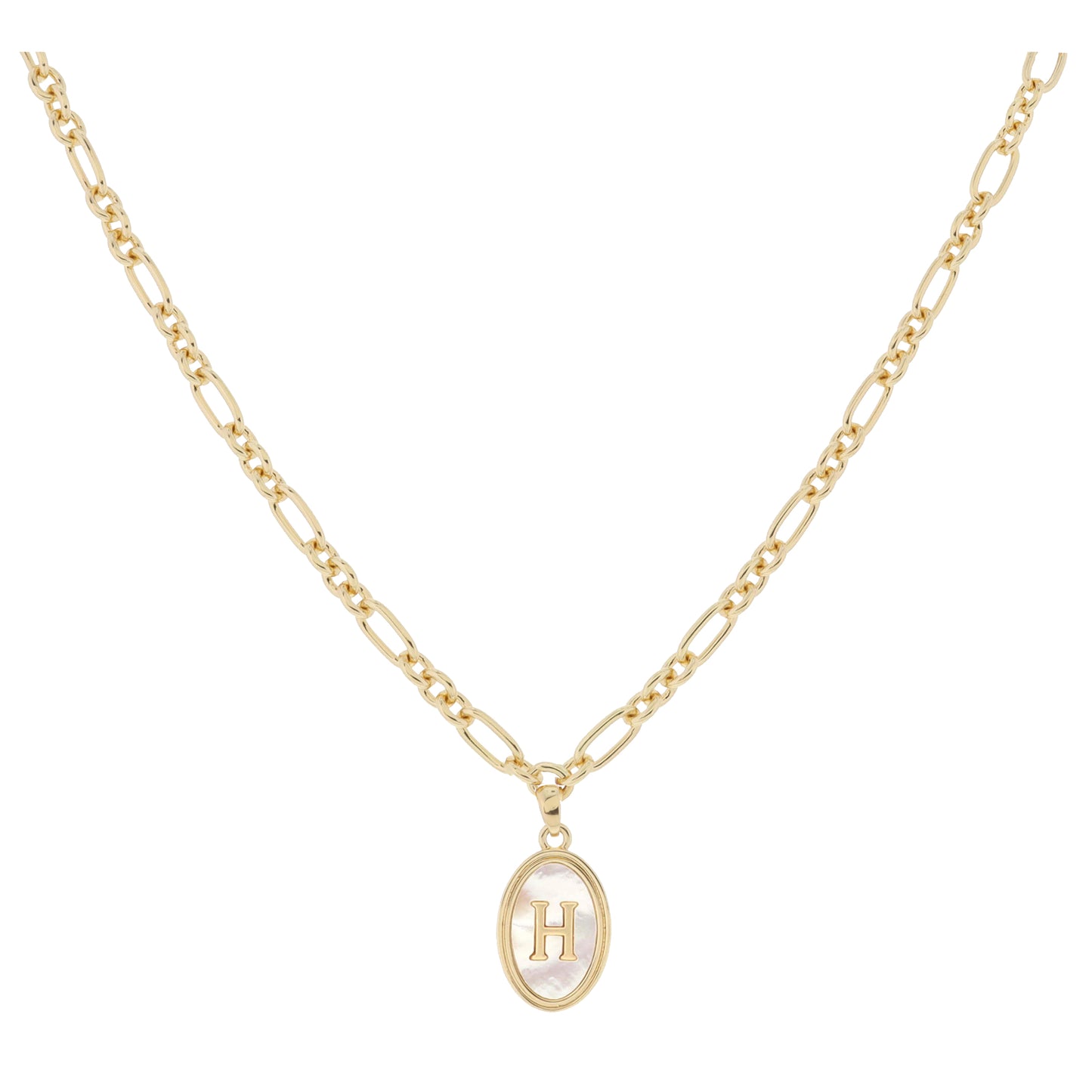 Gold Oval with White Shell Inlay and Gold "H" Initial Center Necklace, .75" Pendant