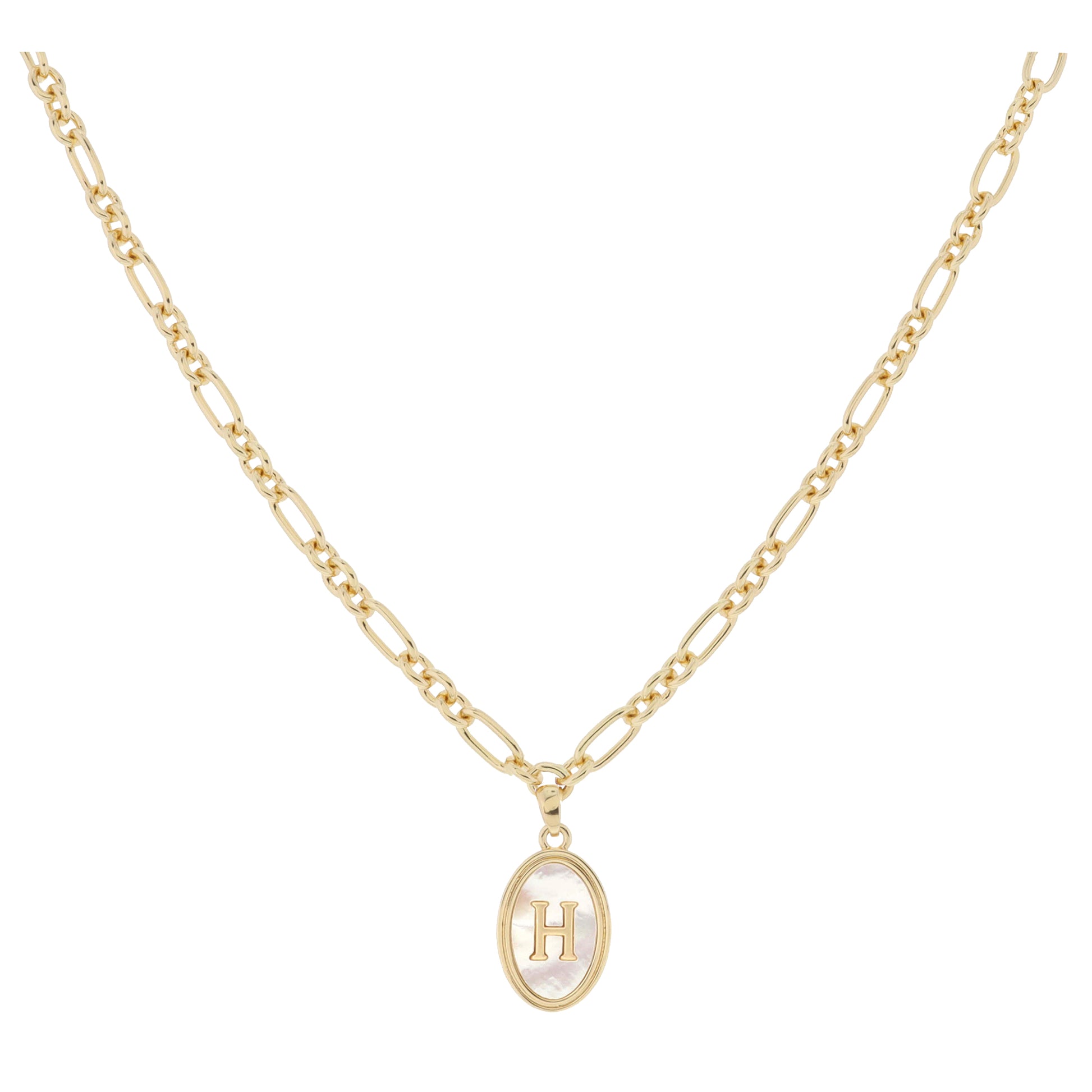 Gold Oval with White Shell Inlay and Gold "H" Initial Center Necklace, .75" Pendant