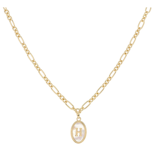 Gold Oval with White Shell Inlay and Gold "H" Initial Center Necklace, .75" Pendant
