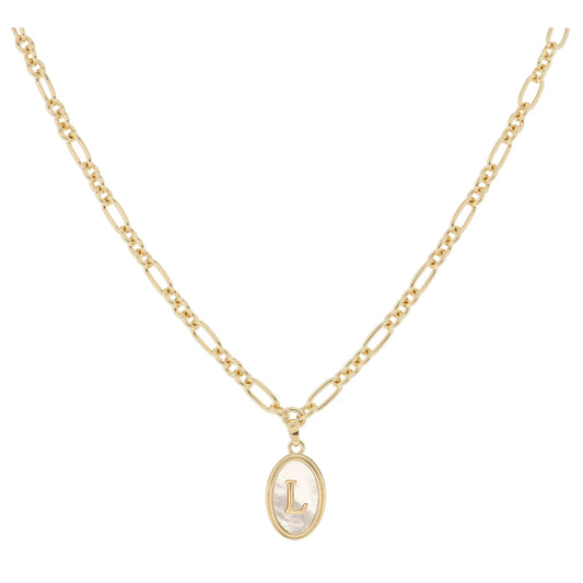 Gold Oval with White Shell Inlay and Gold "L" Initial Center Necklace, .75" Pendant