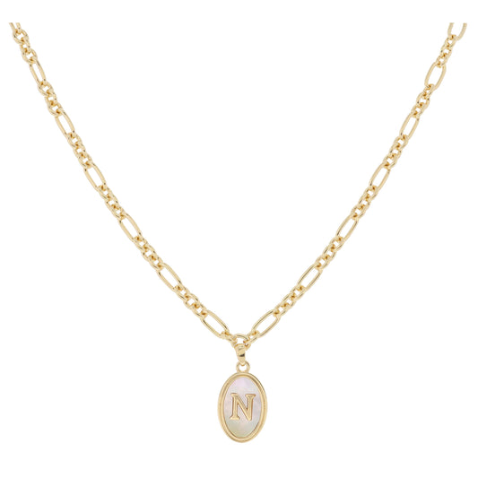 Gold Oval with White Shell Inlay and Gold "N" Initial Center Necklace, .75" Pendant