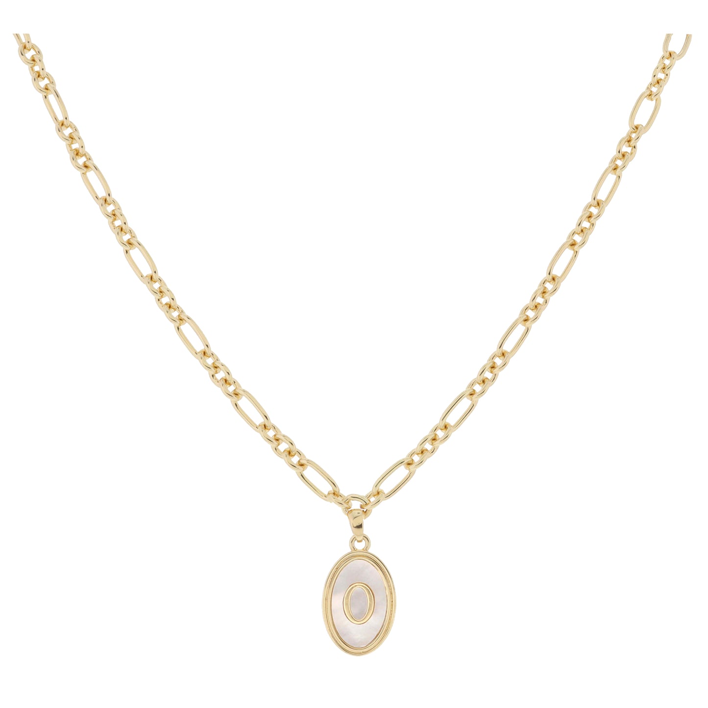 Gold Oval with White Shell Inlay and Gold "O" Initial Center Necklace, .75" Pendant