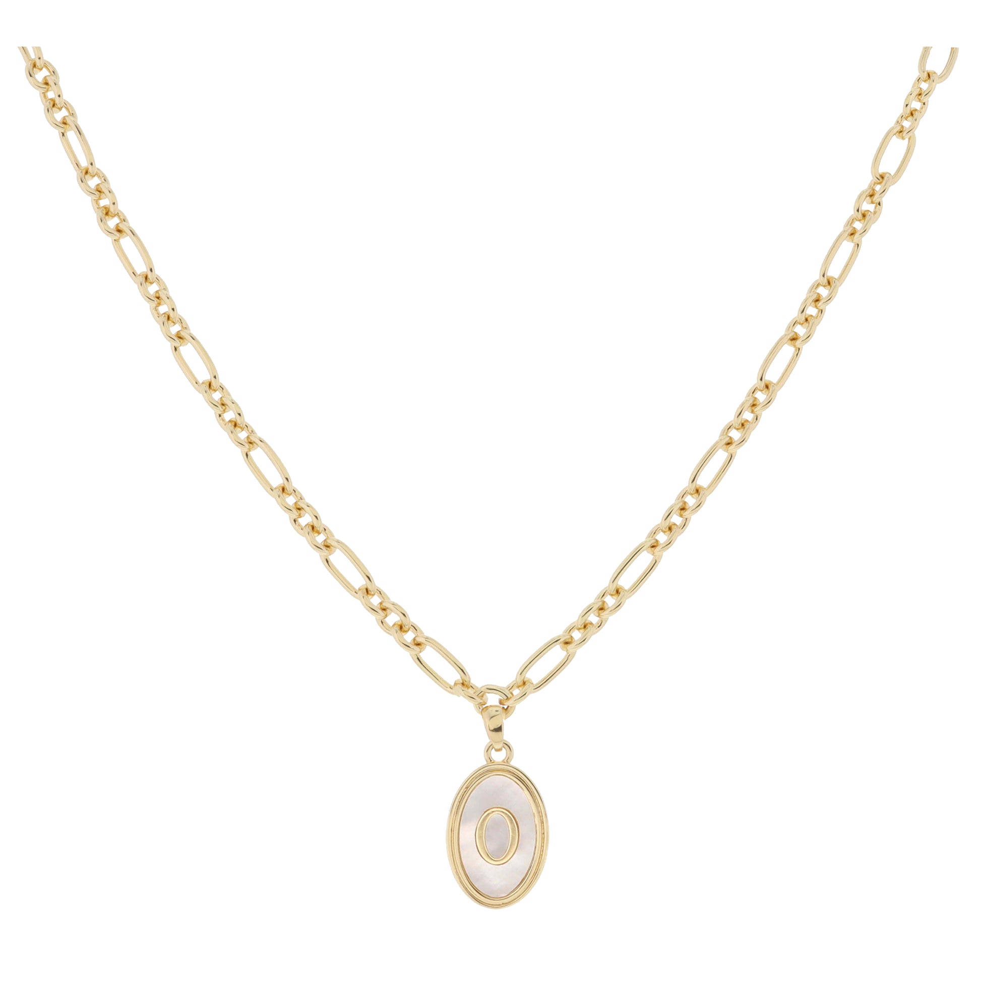 Gold Oval with White Shell Inlay and Gold "O" Initial Center Necklace, .75" Pendant