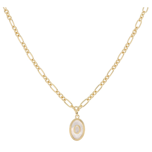 Gold Oval with White Shell Inlay and Gold "O" Initial Center Necklace, .75" Pendant