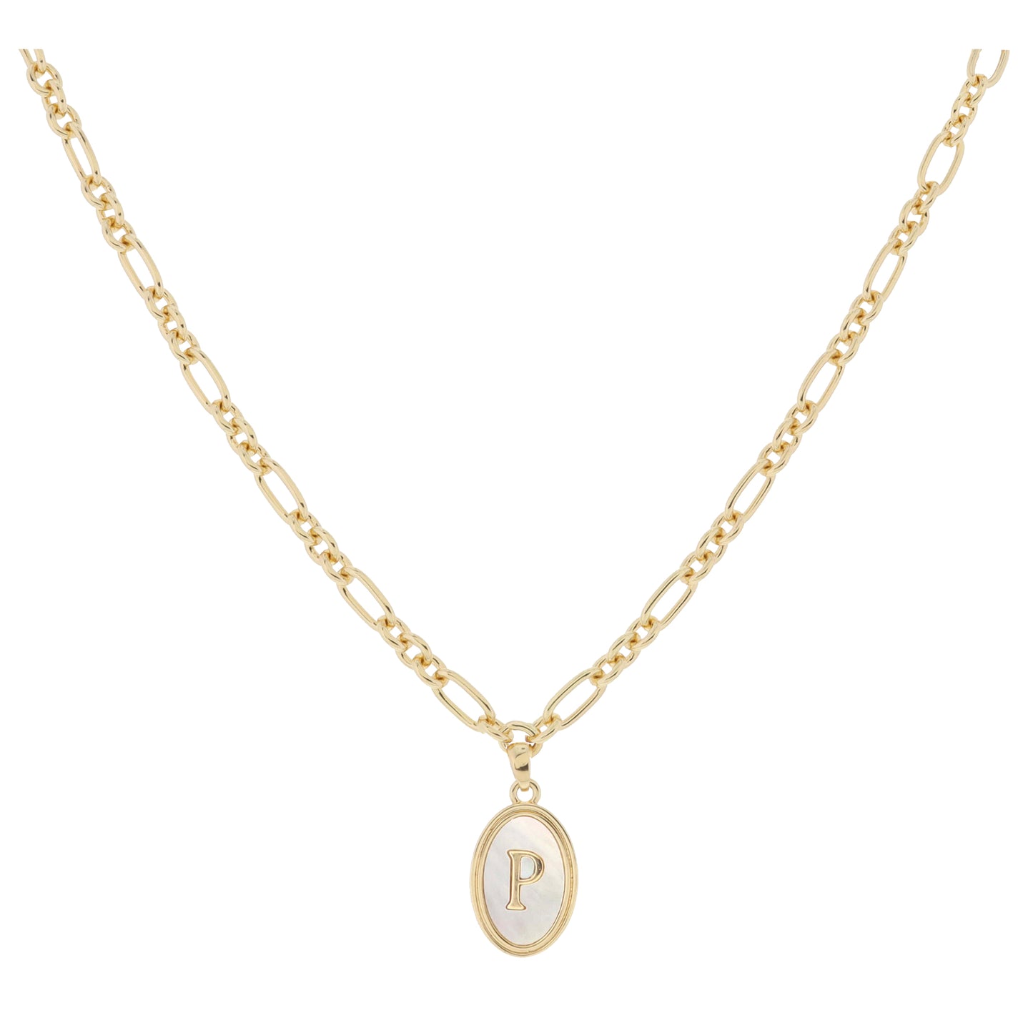 Gold Oval with White Shell Inlay and Gold "P" Initial Center Necklace, .75" Pendant