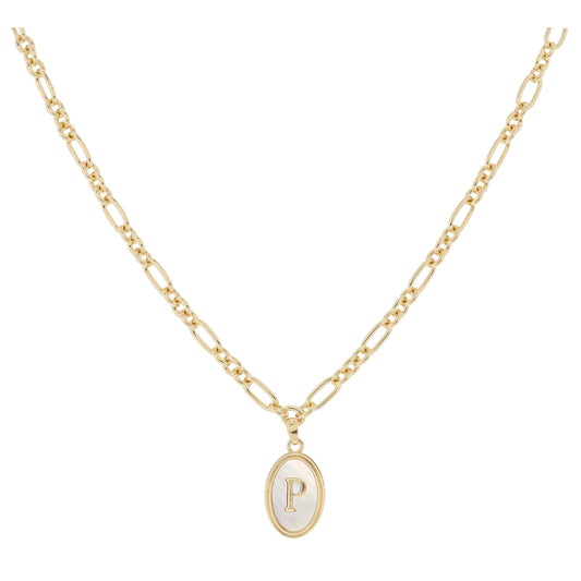 Gold Oval with White Shell Inlay and Gold "P" Initial Center Necklace, .75" Pendant